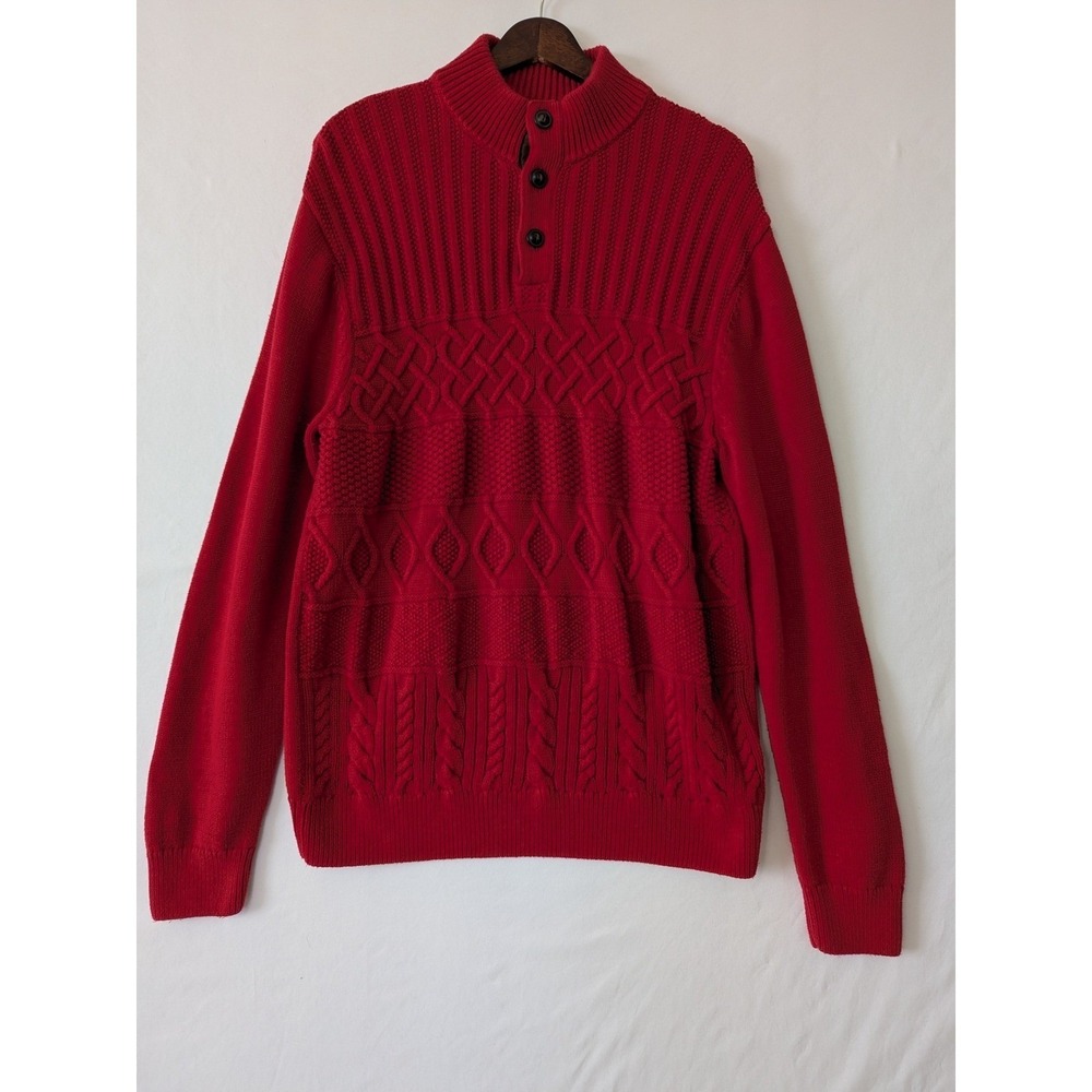 CHAPS Men's Red Cable Knit Fisherman Mock Neck Button Sweater Size L Holiday